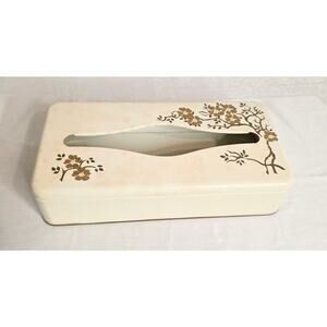 Vintage Ransburg MCM 1950s Metal Tissue Box Hand painted Gold Florals Retro